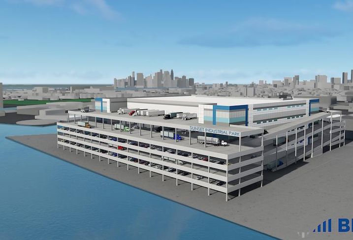 Een weergave van Sunset Industrial Park, een vier verdiepingen tellend 1,3 M SF-magazijn gepland in Brooklyn. Foto: Bridge Development Partners / DH Property Holdings.
